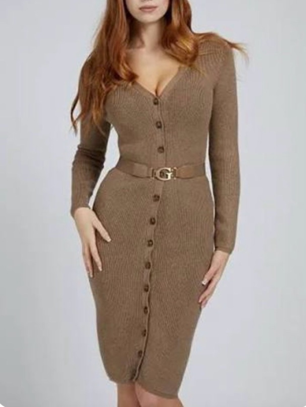 Guess Brown Ribbed Button-Front Long Sleeve Midi Dress with Belt